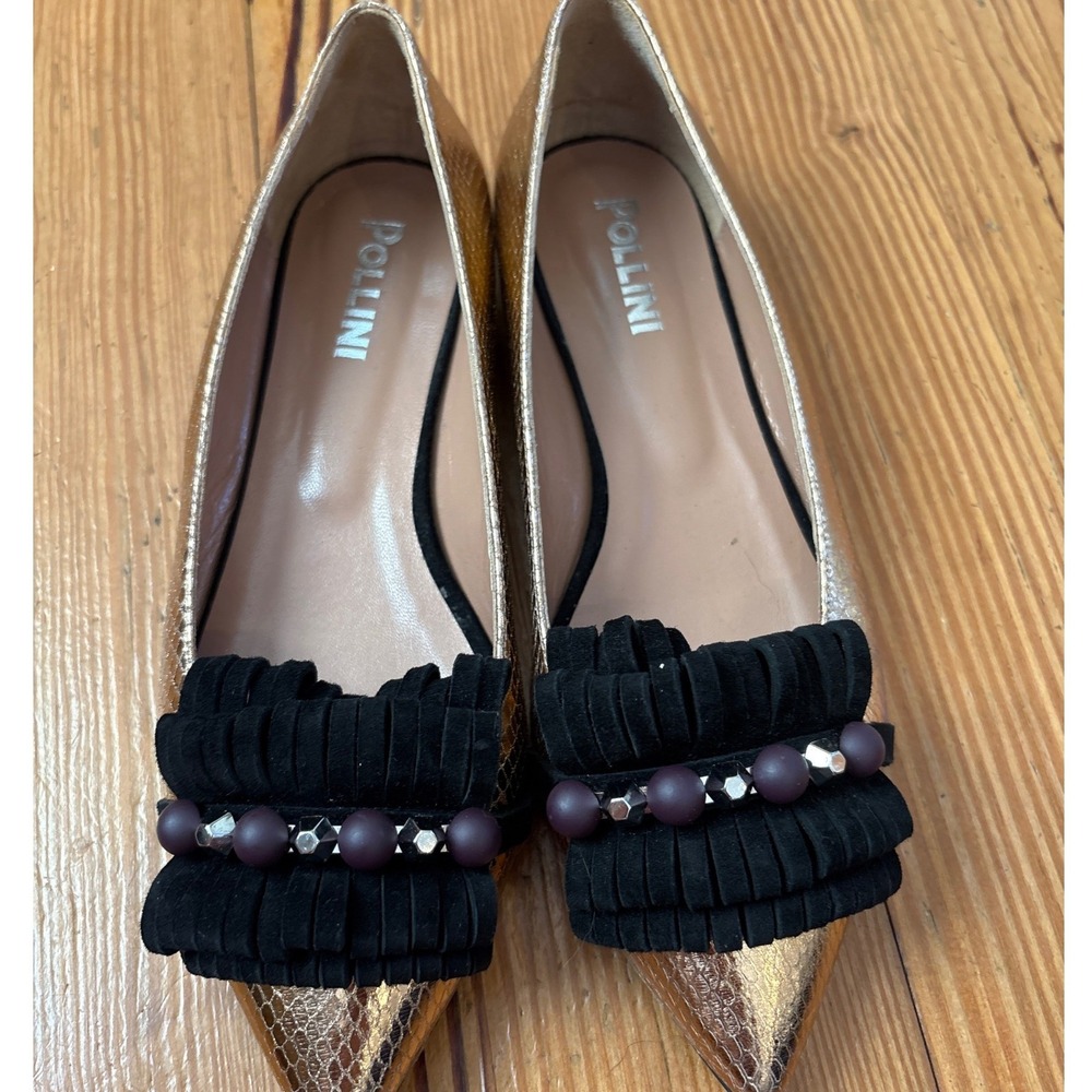 Pollini Pointed‎ Toe Flats Women Gold Good Snakeskin Fringe Suede SIZE 38.5 - Picture 5 of 5